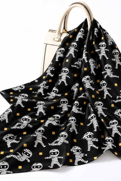 Black Mummy Print Silk Scarf Display
