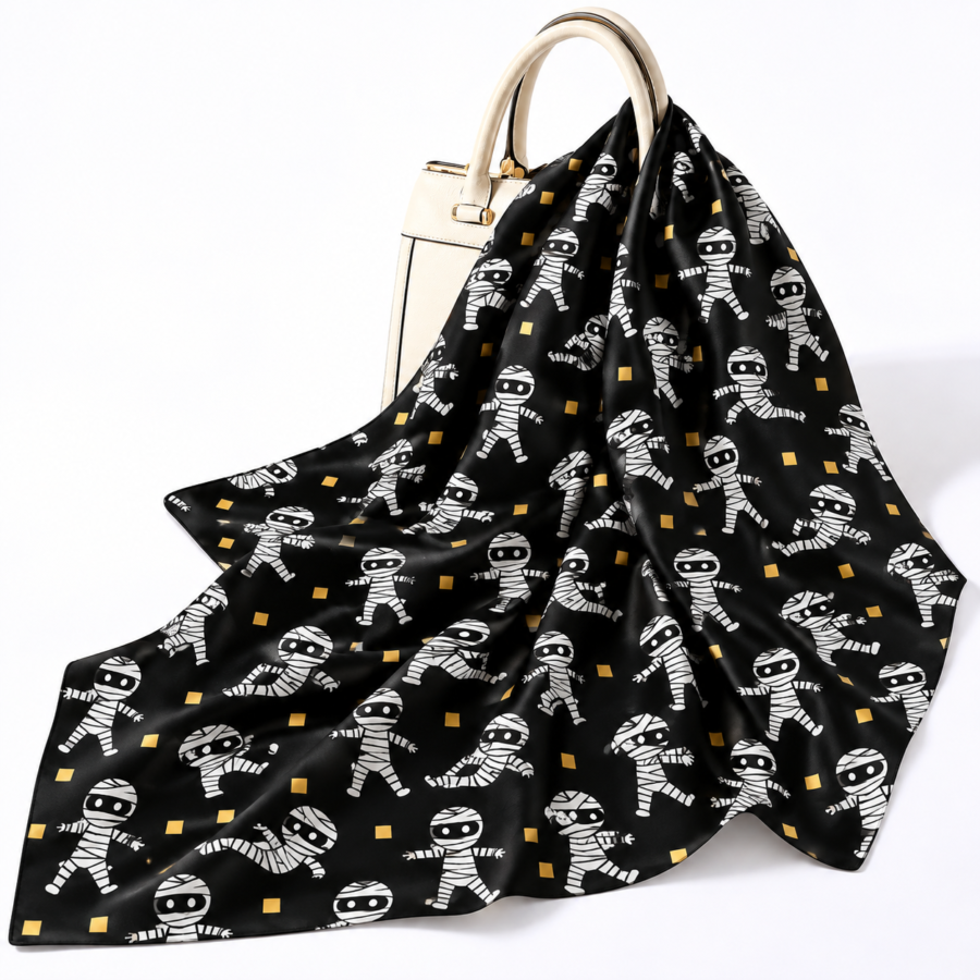 Black Mummy Print Silk Scarf Display