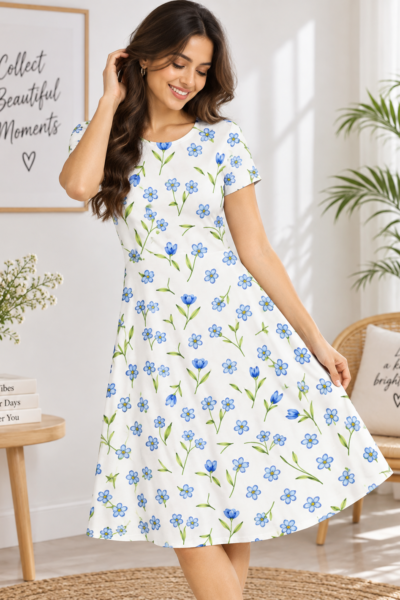 Bright Floral A Line Dress – Fit Flare Stretch Dress 1