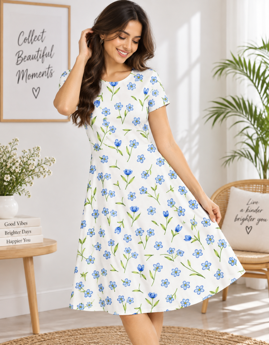 Bright Floral A-Line Dress – Fit & Flare Stretch Dress