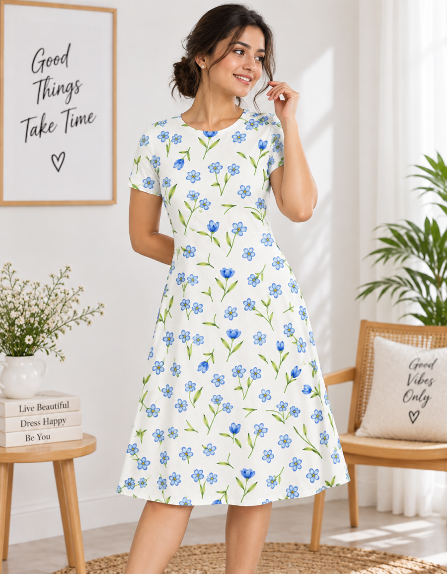 Bright Floral A-Line Dress – Fit & Flare Stretch Dress