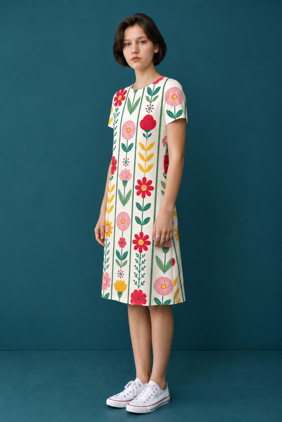 Colorful Floral A-Line Dress – Fit & Flare Stretch Dress