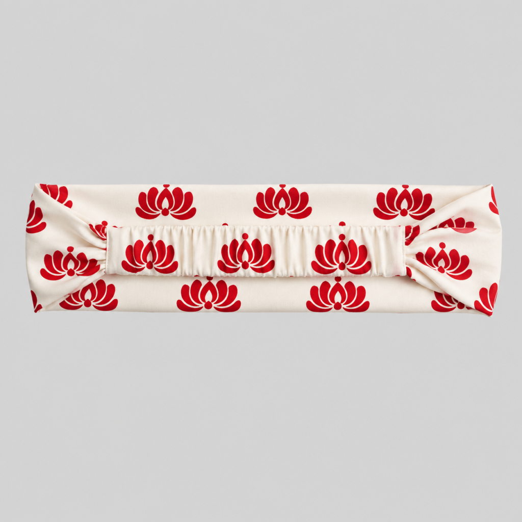 Cream Headband with Red Lotus Motifs