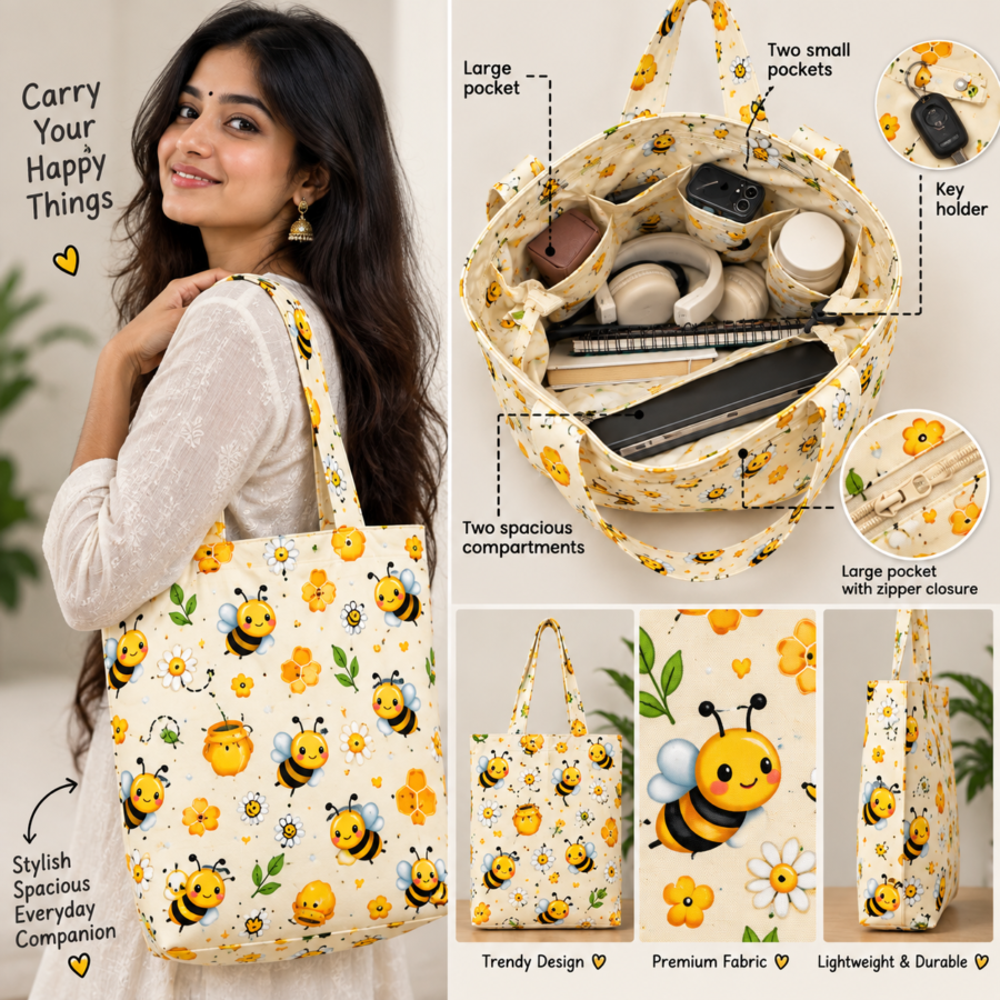 Cute Bee-Pattern Large Tote Bag – UT20 | Kalavaasi