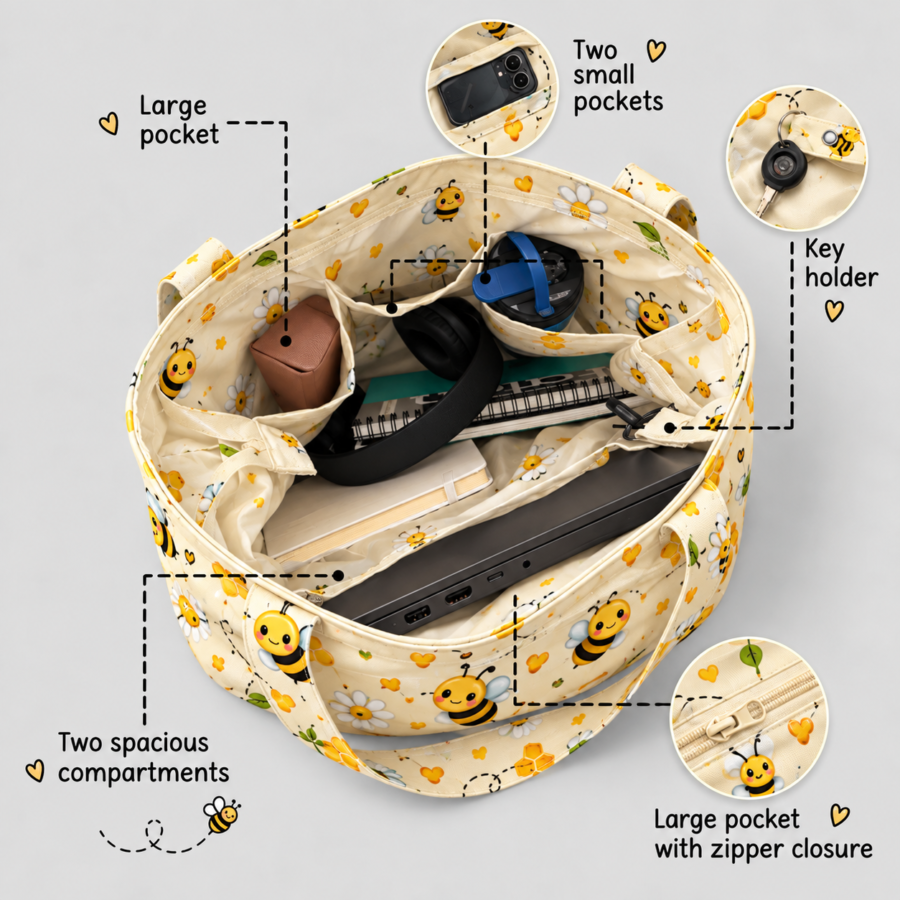 Cute Bee-Pattern Large Tote Bag – UT20 | Kalavaasi