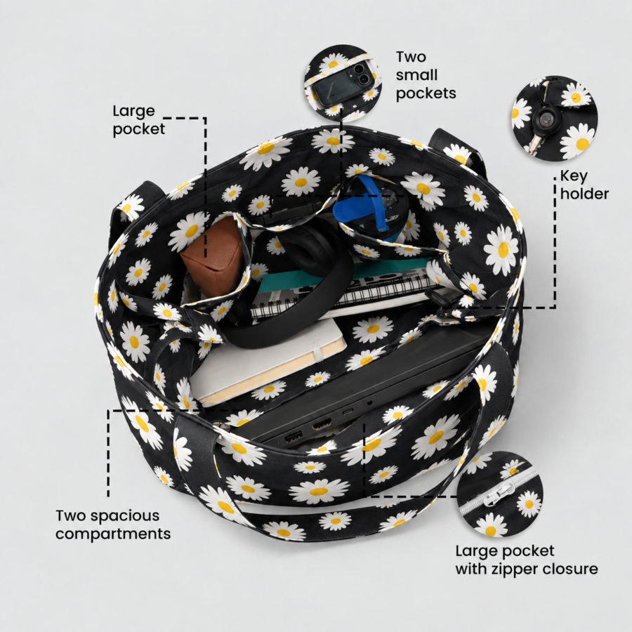 Daisy Black Pattern Large Tote Bag – UT20 | Kalavaasi