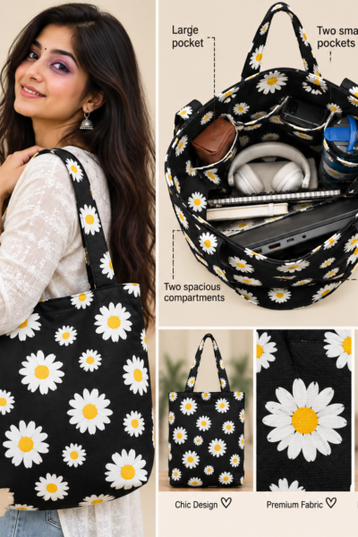 Daisy Black Pattern Large Tote Bag – UT20 Kalavaasi 5