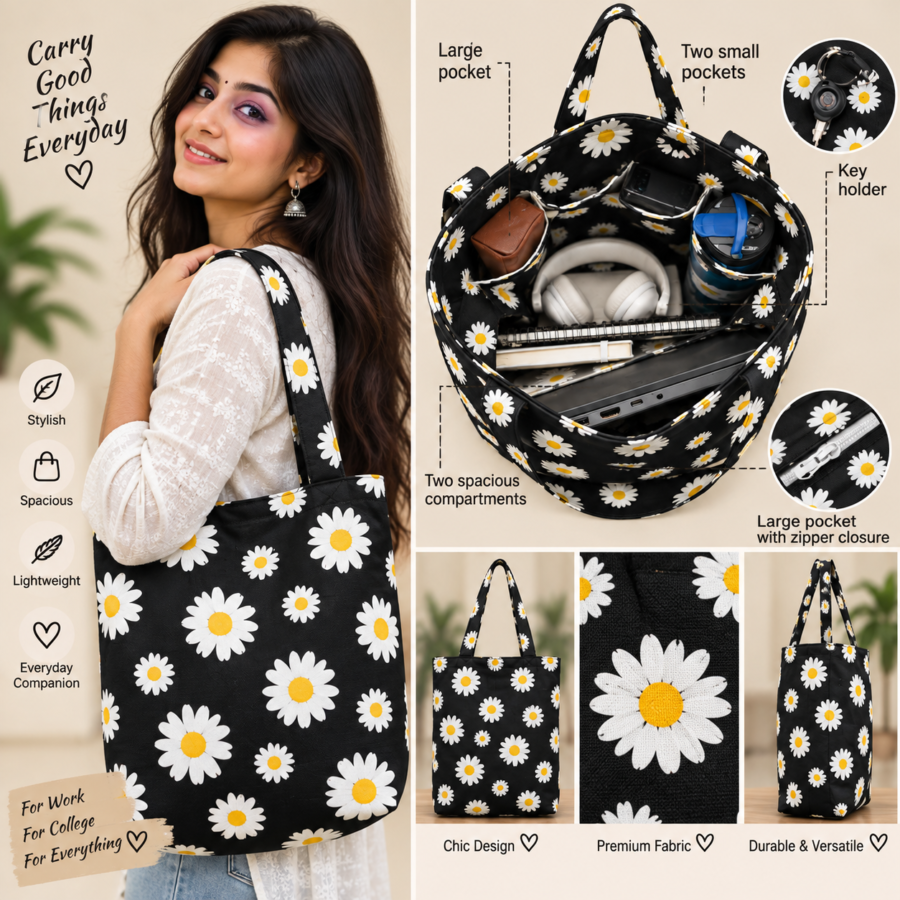 Daisy Black Pattern Large Tote Bag – UT20 | Kalavaasi