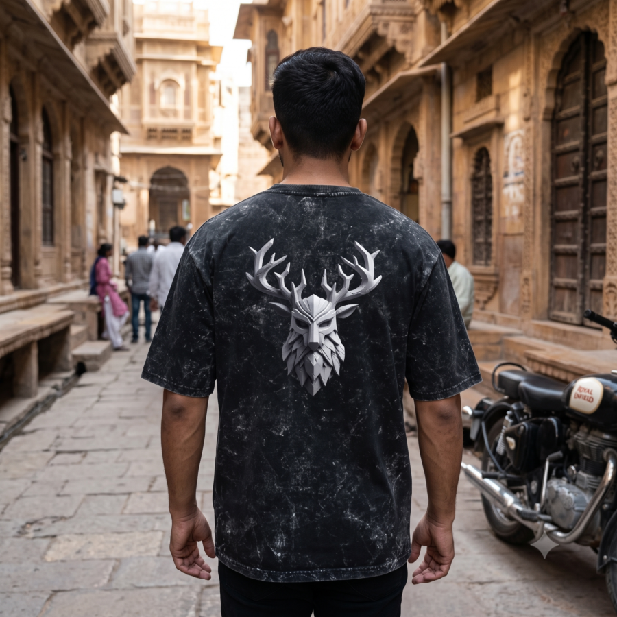 Deer Warrior Acid Washed Oversized T-Shirt | Unisex Wear | Kalavaasi