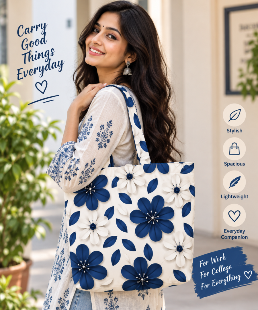 Floral Navy Pattern Large Tote Bag – UT20 | Kalavaasi
