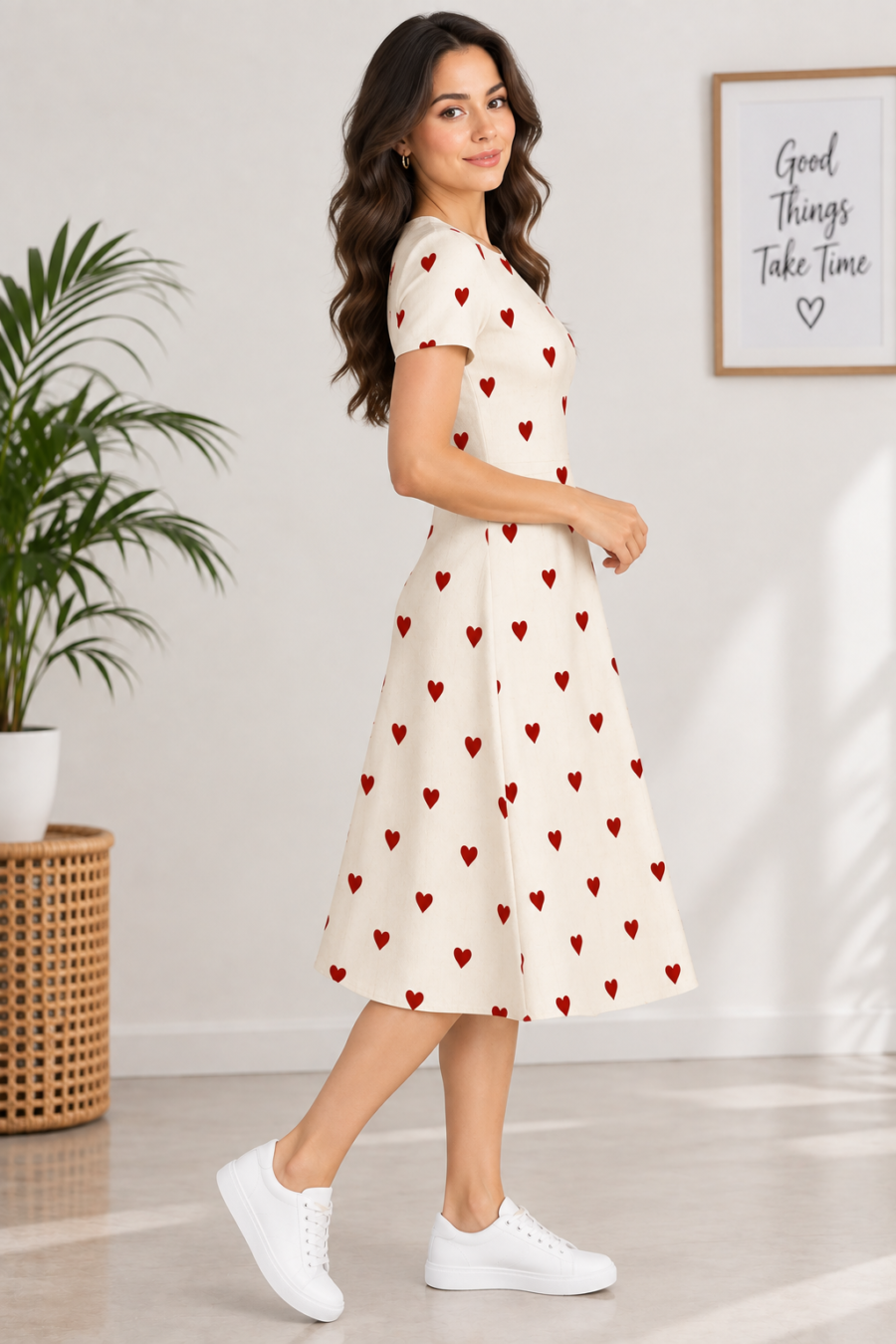 Heart-Patterned A-Line Dress – Fit & Flare Stretch Dress