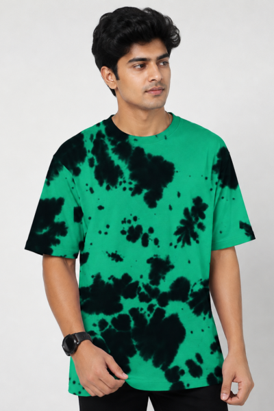 Green Black Wash Tie-Dye Oversized T-Shirt | 260 GSM Unisex Streetwear Tee Kalavaasi