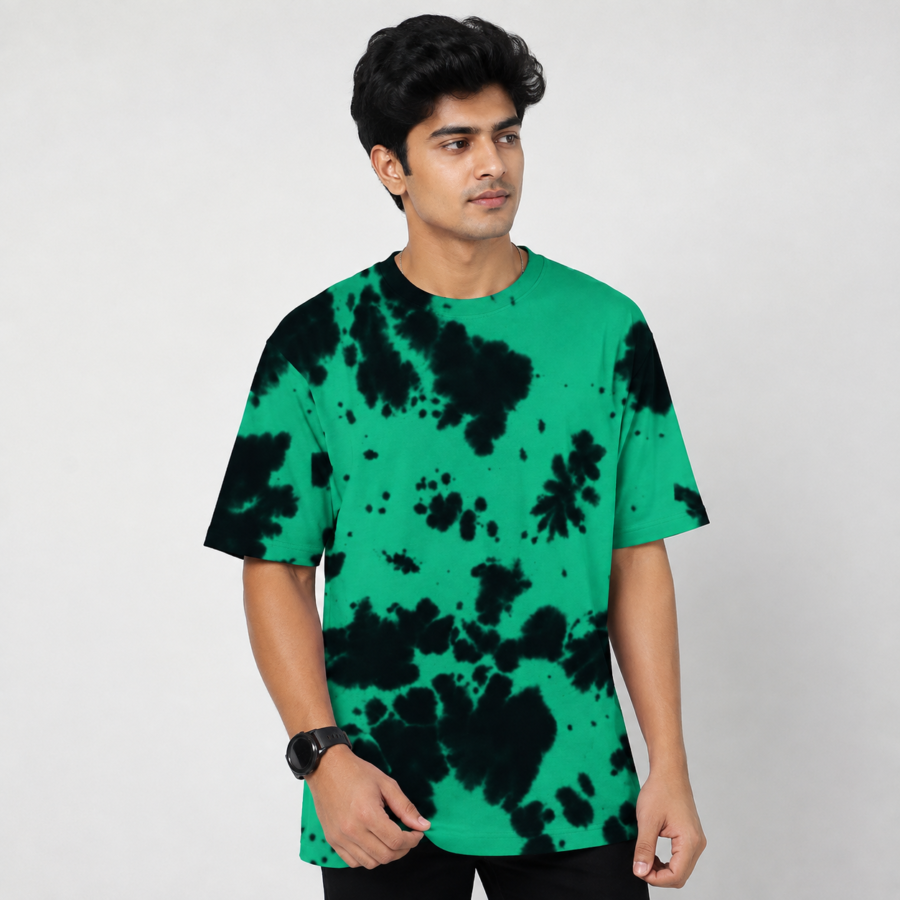 Green Black Wash Tie-Dye Oversized T-Shirt | 260 GSM Unisex Streetwear Tee Kalavaasi