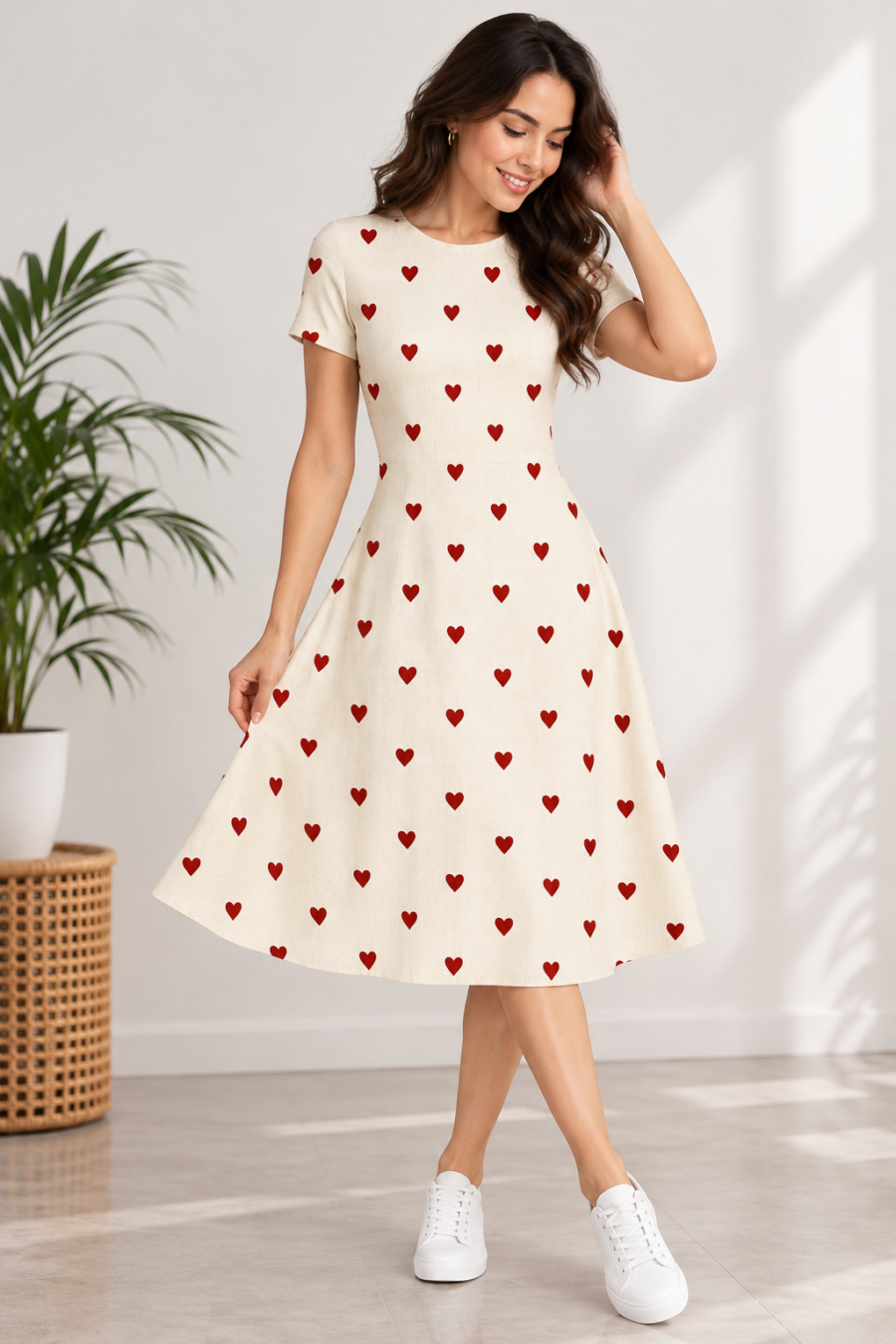 Heart-Patterned A-Line Dress – Fit & Flare Stretch Dress