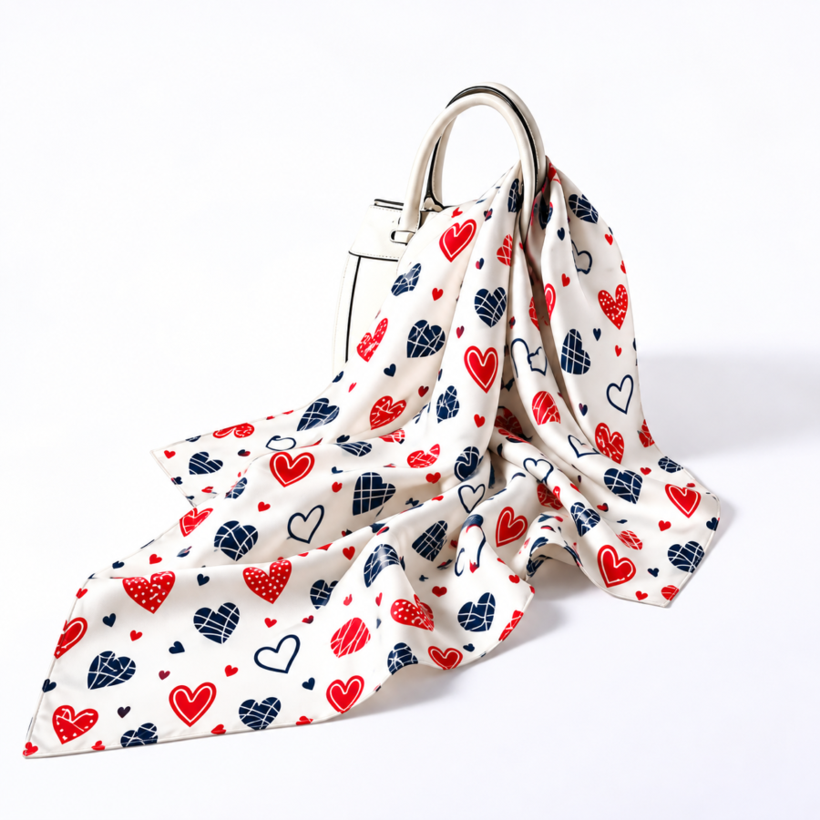 Heart-Print Silk Scarf – Premium Satin Printed Scarf | Kalavaasi