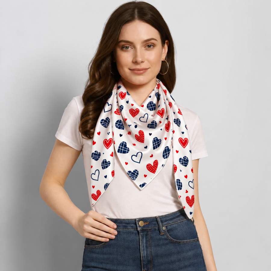 Heart-Print Silk Scarf – Premium Satin Printed Scarf | Kalavaasi