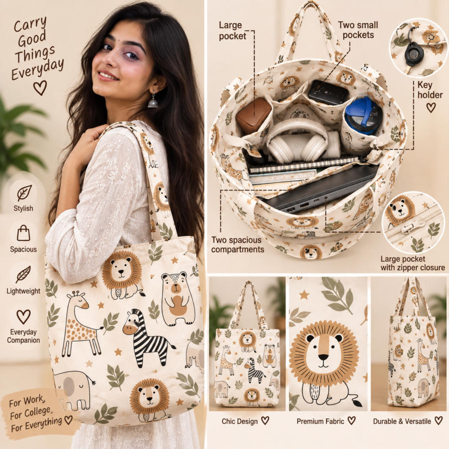 Jungle Safari Pattern Large Tote Bag – UT20 | Kalavaasi