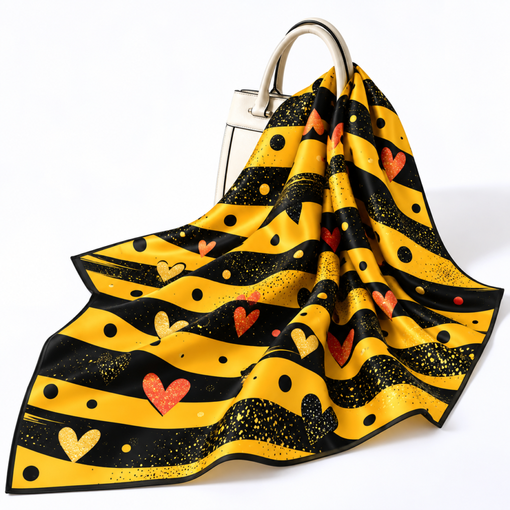 Mustard Heart Patterned Silk Scarf and Handbag