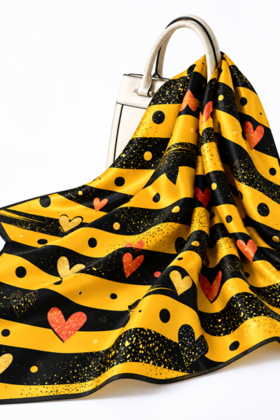 Mustard Heart Patterned Silk Scarf and Handbag