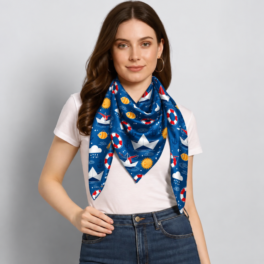 Nautical Cartoon Seamless Pattern Scarf – Premium Satin Printed Scarf | Kalavaasi