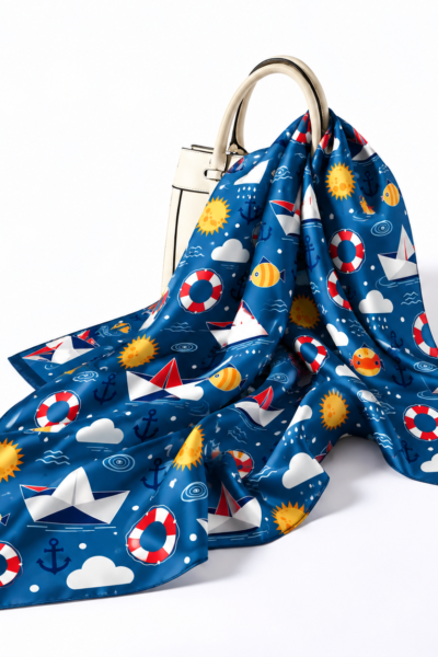 Nautical Silk Scarf Draped Over Handbag