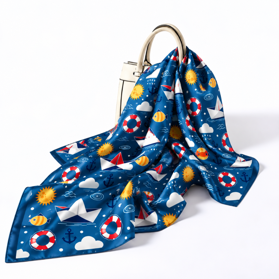 Nautical Cartoon Seamless Pattern Scarf – Premium Satin Printed Scarf | Kalavaasi