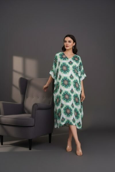 Green Bloom Kaftan Dress – Satin Poly-Woven Women’s Kaftan | Kalavaasi