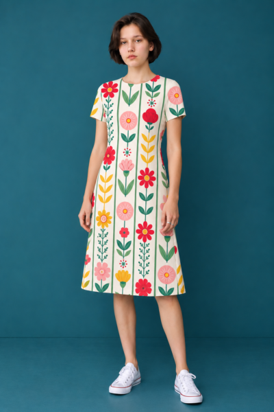 Colorful Floral A-Line Dress – Fit & Flare Stretch Dress
