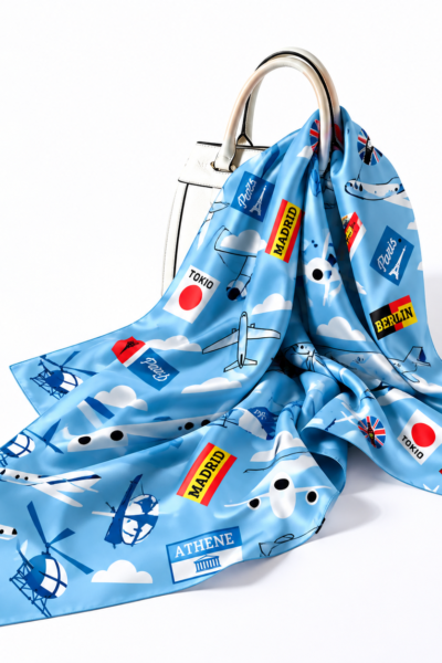 Sky Blue Travel Print Scarf on Handbag