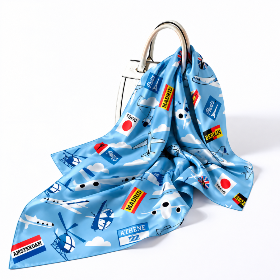 Sky-Blue Global Scarf – Premium Satin Printed Scarf | Kalavaasi