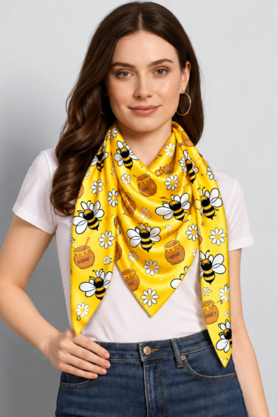 Smiling Woman Showcasing a Honey Bee Scarf