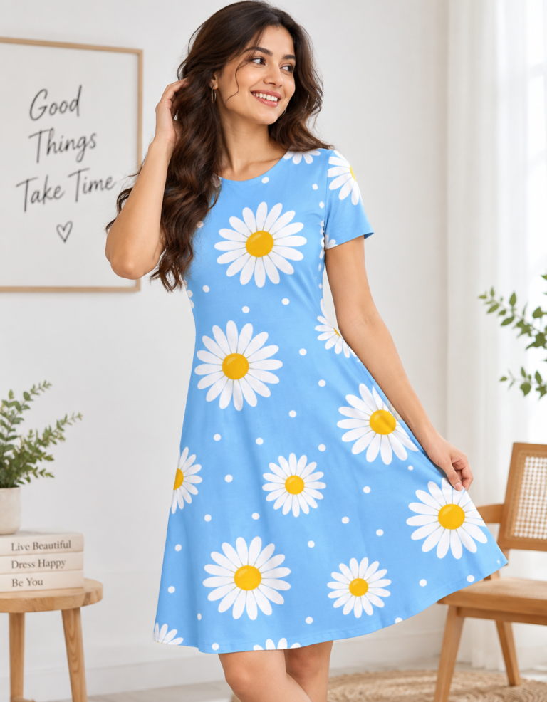 Spring Daisy Dress A Line Dress – Fit Flare Stretch Dress 1