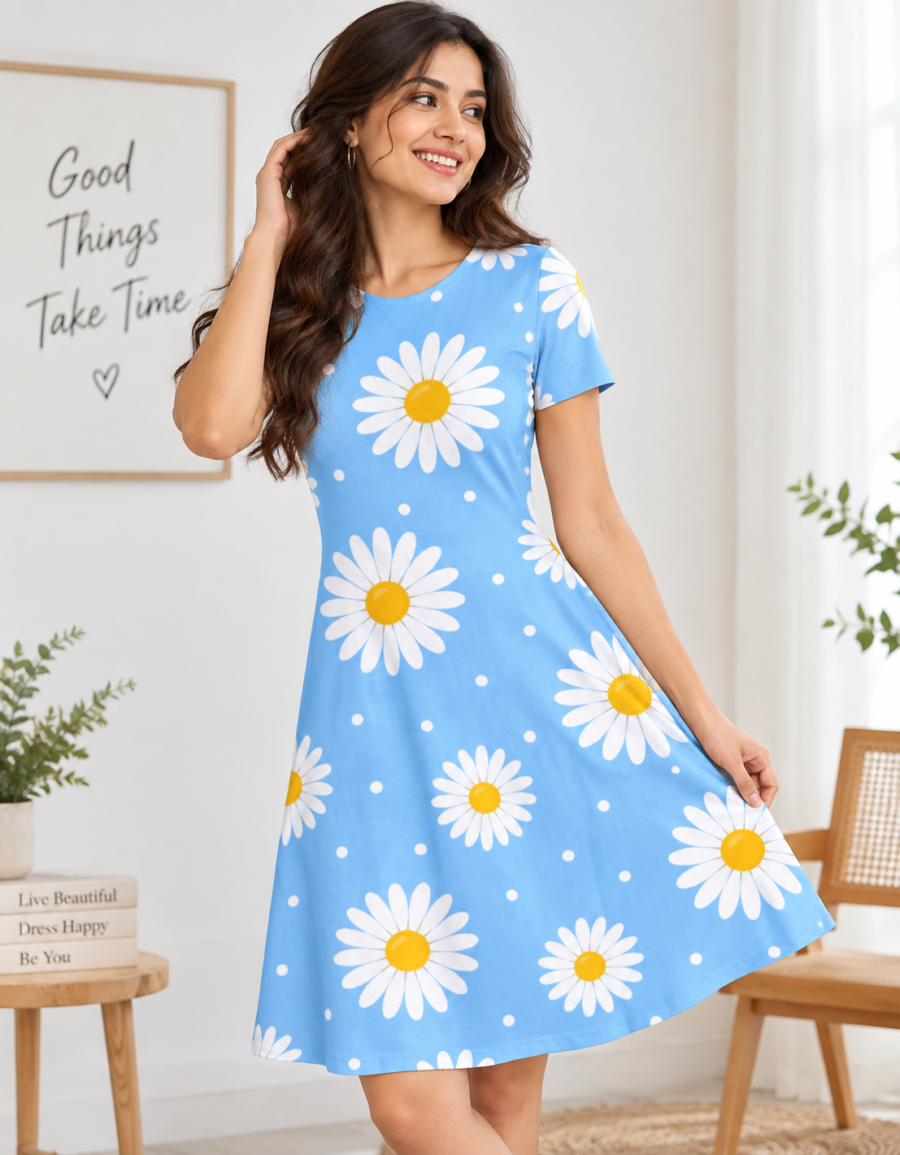 Spring Daisy Dress A-Line Dress – Fit & Flare Stretch Dress