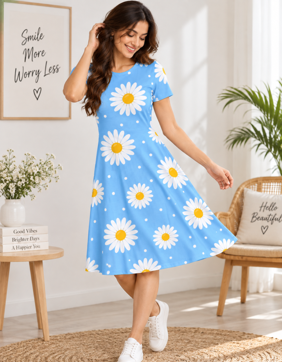 Spring Daisy Dress A-Line Dress – Fit & Flare Stretch Dress