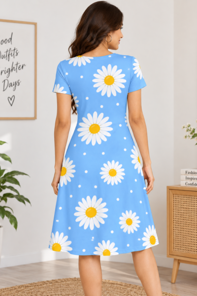Spring Daisy Dress A Line Dress – Fit Flare Stretch Dress 3