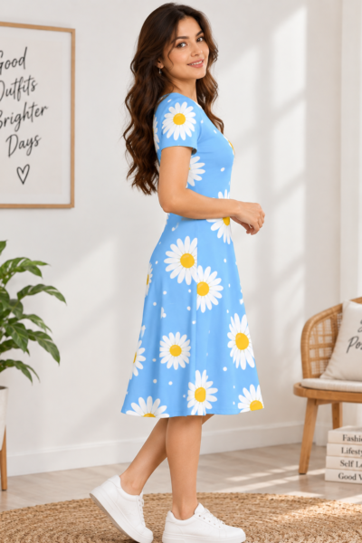 Spring Daisy Dress A Line Dress – Fit Flare Stretch Dress 4