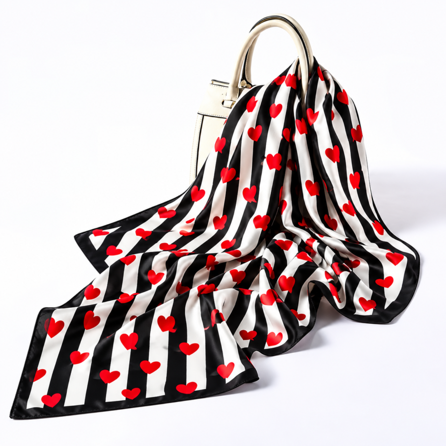 Red Hearts on Wavy Scarf – Premium Satin Printed Scarf | Kalavaasi