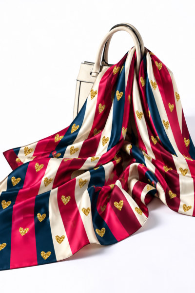 Striped Heart Silk Scarf on Handbag 1
