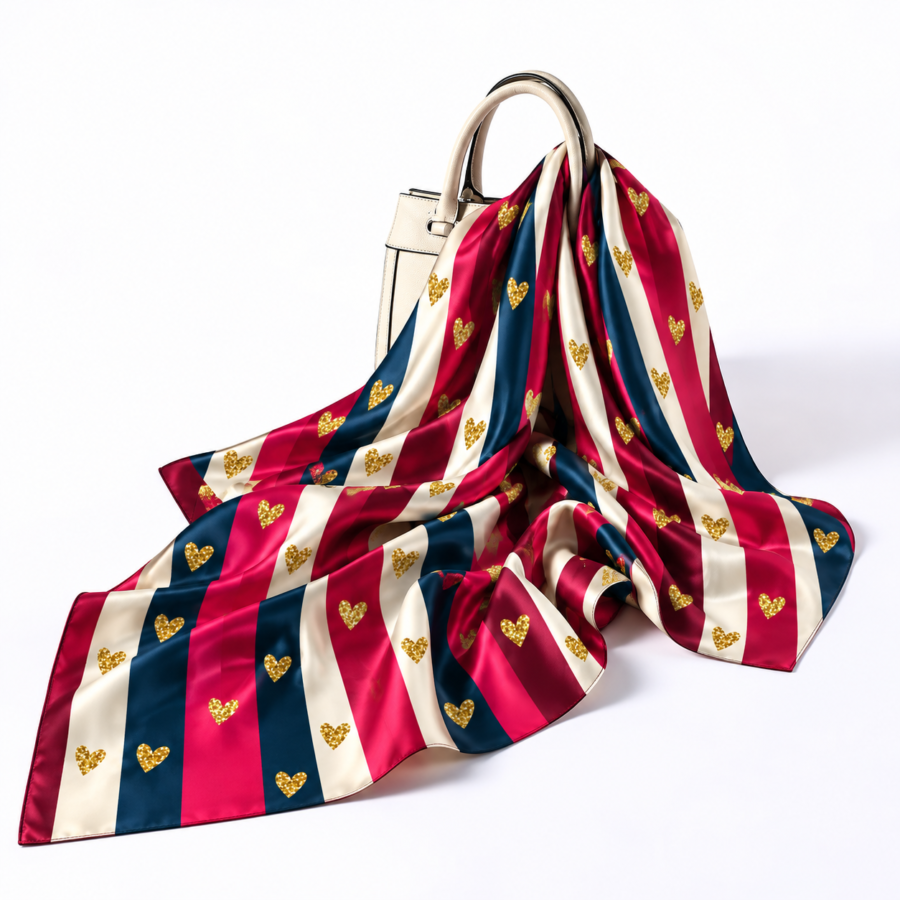 Striped Glitter Heart– Premium Satin Printed Scarf | Kalavaasi