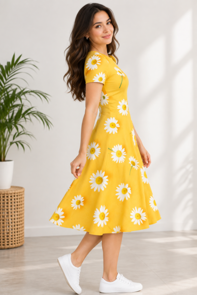 Sunlit Daisy A-Line Dress – Fit & Flare Stretch Dress