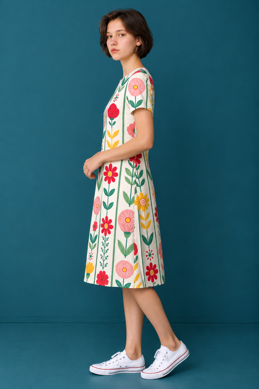 Colorful Floral A-Line Dress – Fit & Flare Stretch Dress