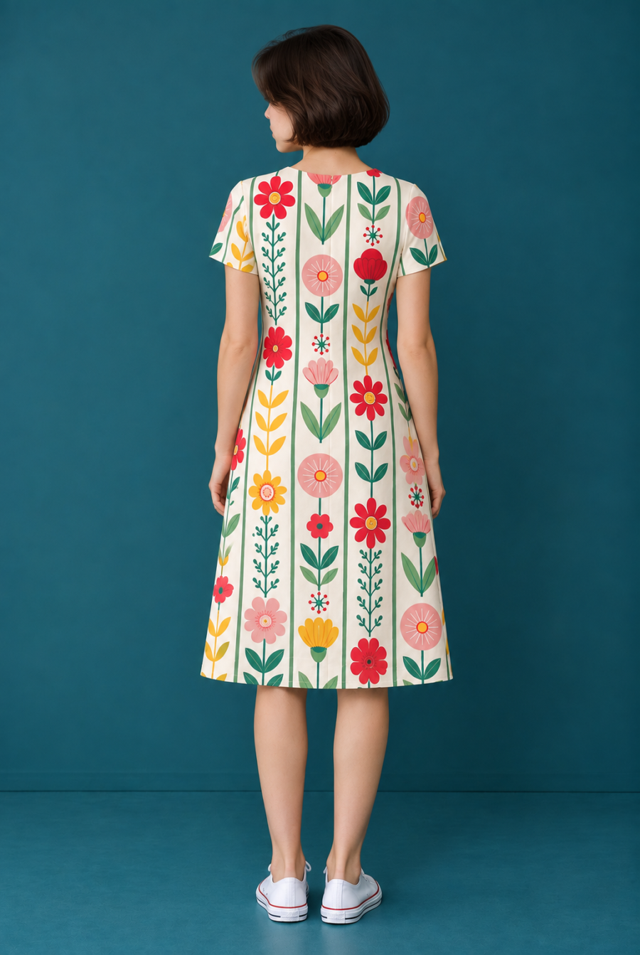 Colorful Floral A-Line Dress – Fit & Flare Stretch Dress