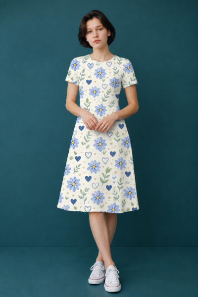 Floral Hearts A-Line Dress – Fit & Flare Stretch Dress