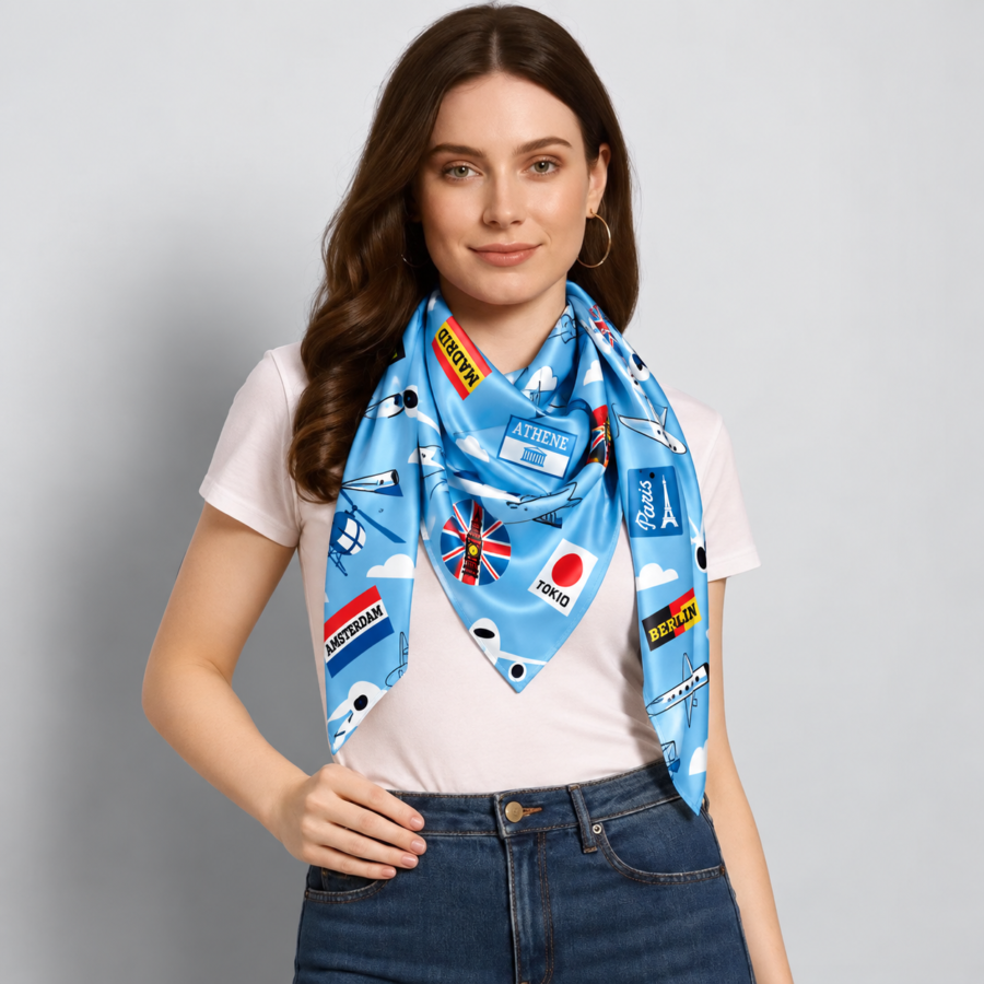 Sky-Blue Global Scarf – Premium Satin Printed Scarf | Kalavaasi