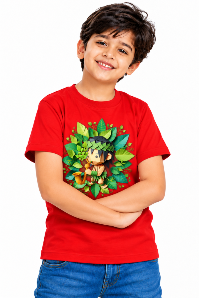 Boy in Red Shirt with Forest Spirit Graphic