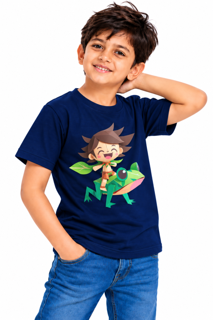 Cheerful Boy in Colorful Frog Tee