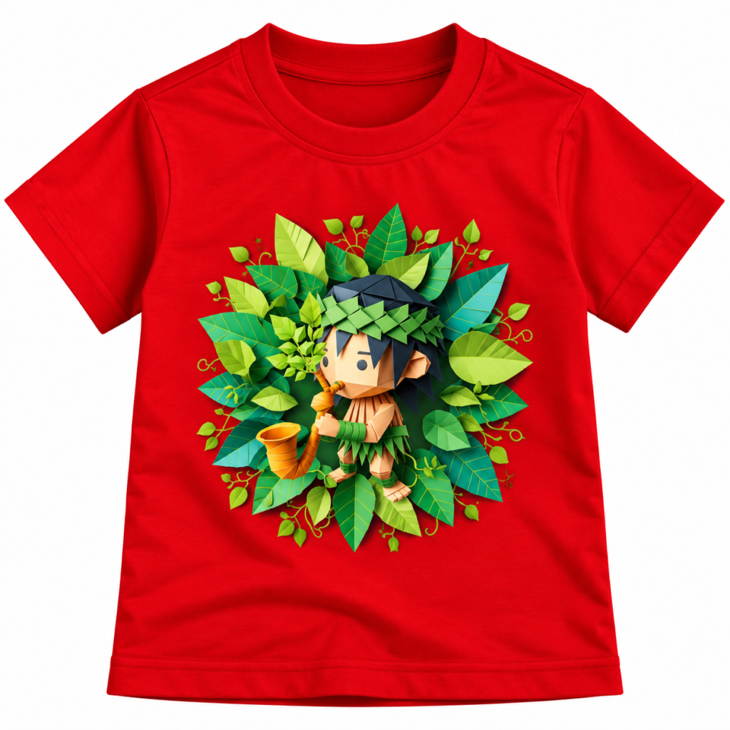 Boy in Red Shirt with Forest Spirit Graphics T-Shirt | Kalavaasi