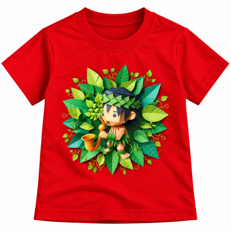 Boy in Red Shirt with Forest Spirit Graphics T-Shirt | Kalavaasi